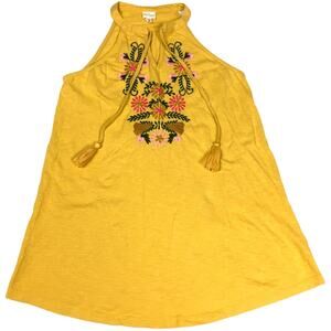 Keep In Touch‎ Tank Top Yellow Embroidered Tassel Tie Neck NEW Women's S Cotton